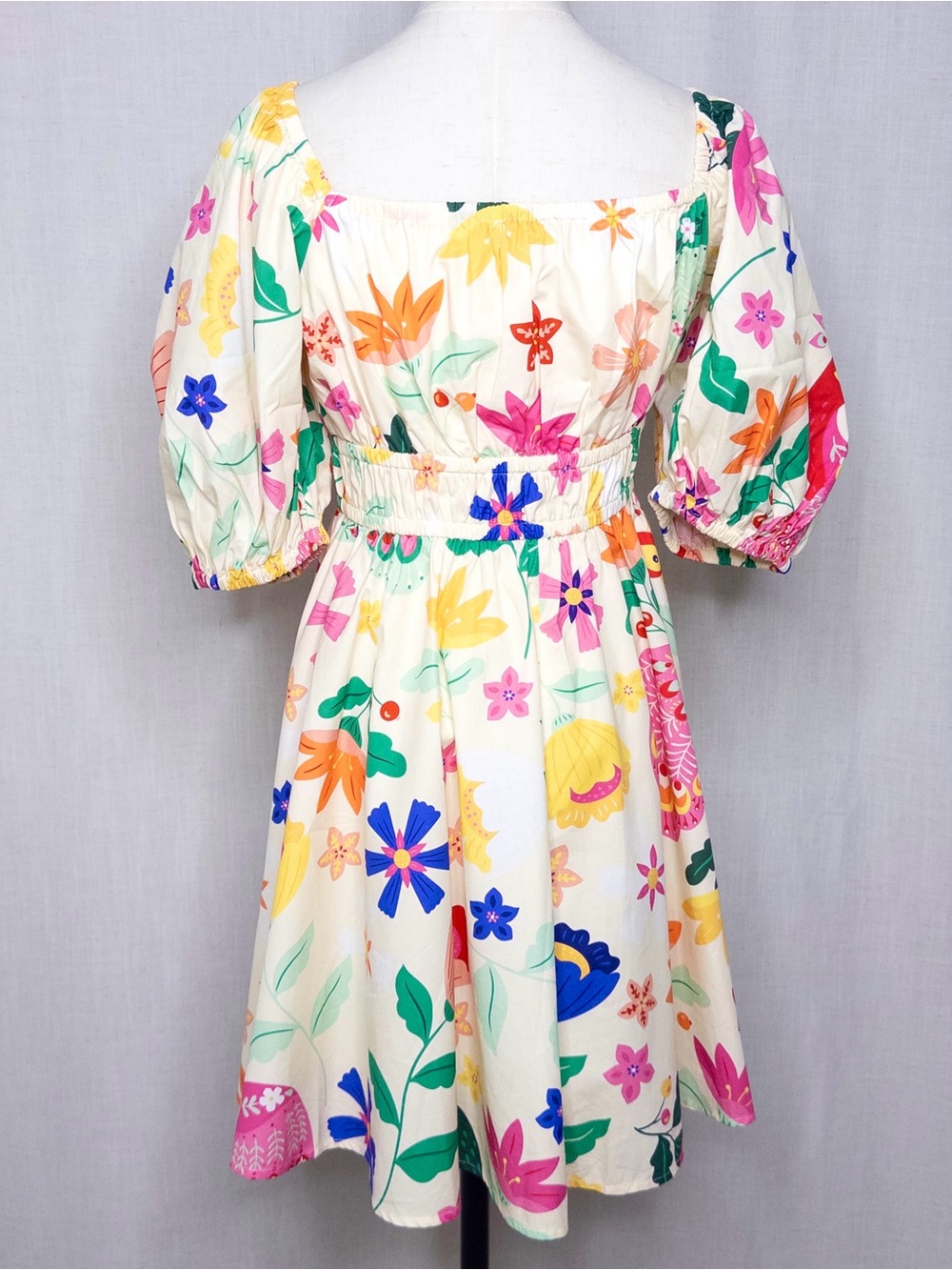 Sincerely Ours Puff Sleeve Resort Mini Dress Tropical Peacock Floral Large - Picture 2 of 15